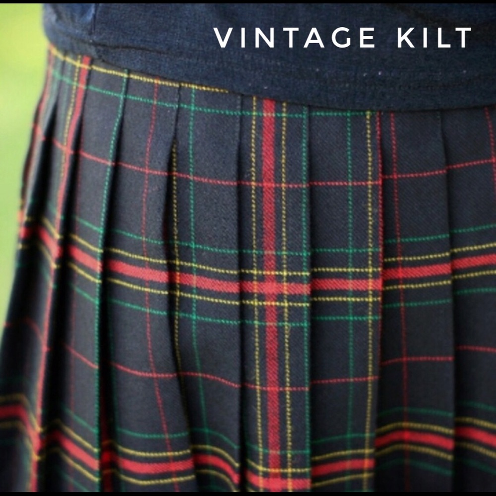 VINTAGE Black Uniform Pleated Kilt Skirt XS Wool midi skirt - Picture 1 of 8